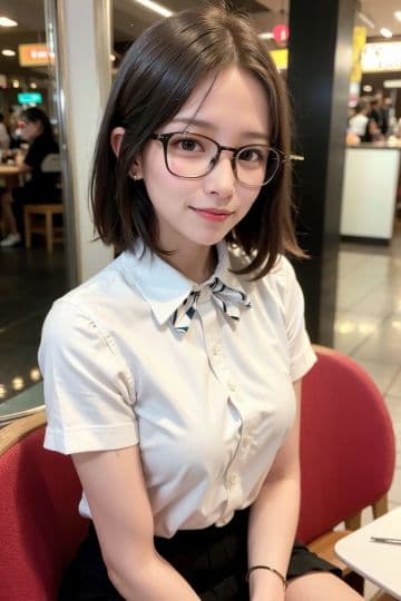 A woman sitting on a red chair wearing glasses A woman sitting on a red chair wearing glasses