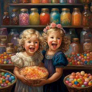 A painting of two little girls holding a basket of jelly beans A painting of two little girls holding a basket of jelly beans
