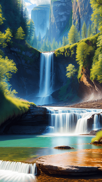 A painting of a waterfall in a forest A painting of a waterfall in a forest