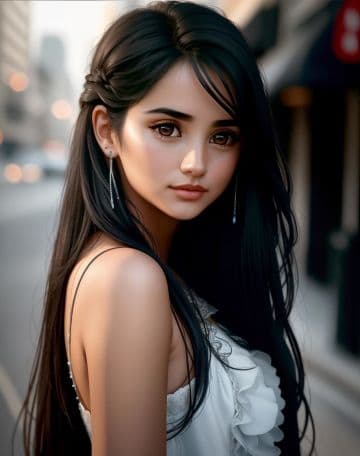 A woman with long black hair standing on a street A woman with long black hair standing on a street