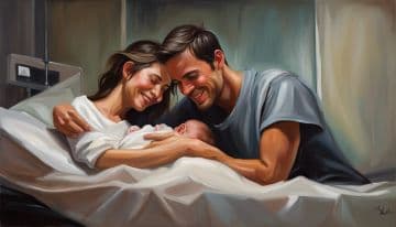 A painting of a man and woman holding a baby A painting of a man and woman holding a baby