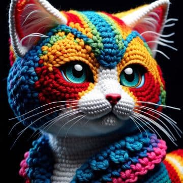 A crocheted cat is wearing a colorful scarf A crocheted cat is wearing a colorful scarf