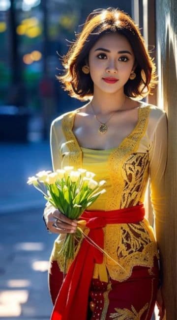 A woman in a yellow Kebaya Bali holding a bouquet of flowers A woman in a yellow Kebaya Bali holding a bouquet of flowers
