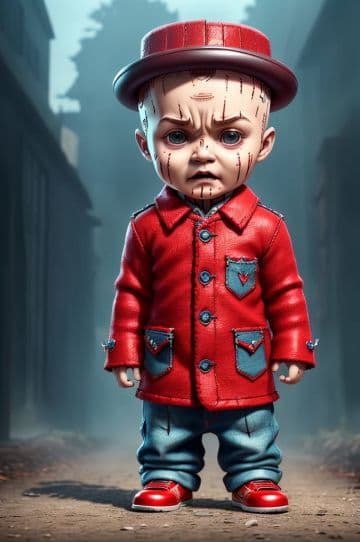 A creepy doll with a red coat and hat A creepy doll with a red coat and hat