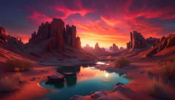 A painting of a desert landscape with a lake A painting of a desert landscape with a lake