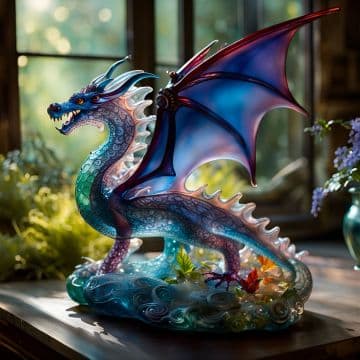 A blue dragon statue sitting on top of a wooden table A blue dragon statue sitting on top of a wooden table