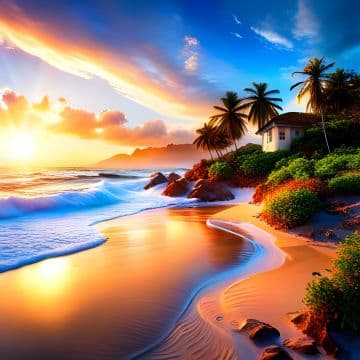 A painting of a sunset over a beach with palm trees A painting of a sunset over a beach with palm trees