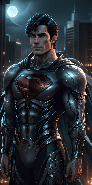 A man in a superman suit standing in front of a city A man in a superman suit standing in front of a city