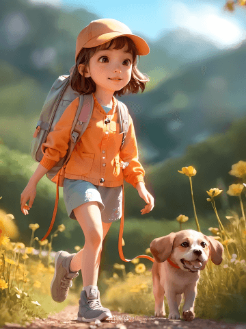 A painting of a little girl walking her dog A painting of a little girl walking her dog