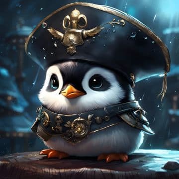 A penguin wearing a pirate hat sitting on a piece of wood A penguin wearing a pirate hat sitting on a piece of wood