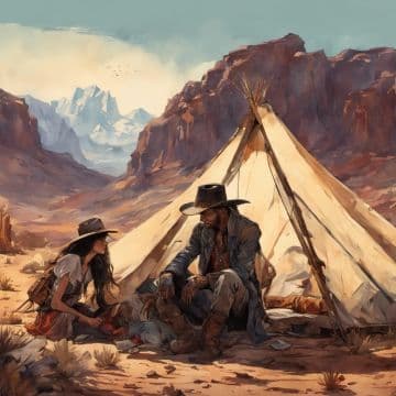A painting of two people sitting in front of a teepee A painting of two people sitting in front of a teepee