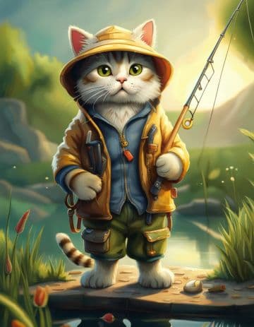 A cat with a hat and a fishing rod A cat with a hat and a fishing rod