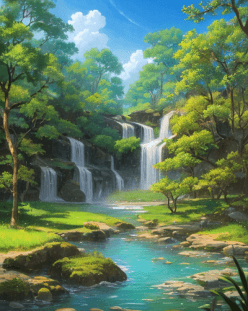 A painting of a waterfall in a forest A painting of a waterfall in a forest