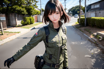 A woman in a green uniform is standing on the street A woman in a green uniform is standing on the street