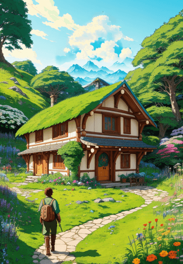 A painting of a person walking in front of a house A painting of a person walking in front of a house