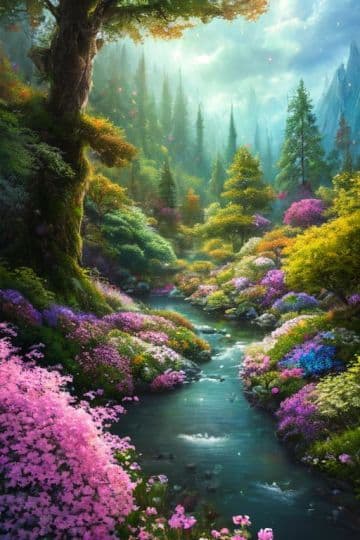 A painting of a river surrounded by flowers A painting of a river surrounded by flowers