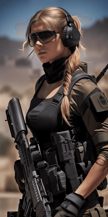 A woman with a gun and headphones on A woman with a gun and headphones on