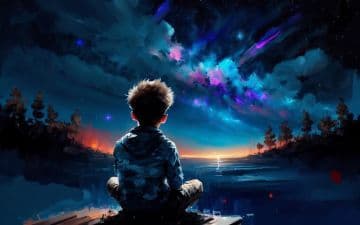A boy sitting on a dock looking at the night sky A boy sitting on a dock looking at the night sky