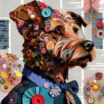 A painting of a dog with buttons on it's collar A painting of a dog with buttons on it's collar