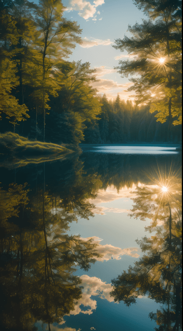 The sun shines brightly through the trees over the water The sun shines brightly through the trees over the water