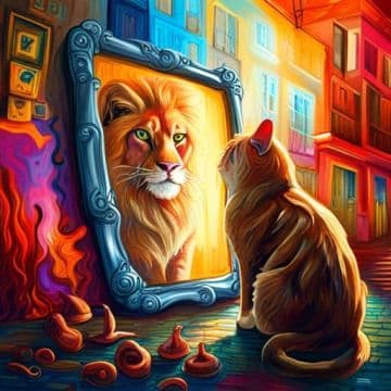 A painting of a cat looking at itself in a mirror A painting of a cat looking at itself in a mirror