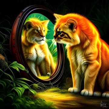 A painting of a cat looking at itself in a mirror A painting of a cat looking at itself in a mirror