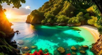 The sun is setting over a beautiful beach The sun is setting over a beautiful beach