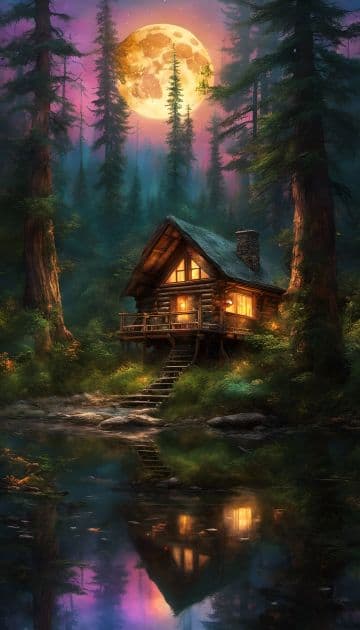 A painting of a cabin in the woods A painting of a cabin in the woods