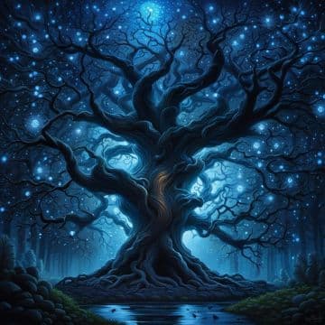 A painting of a tree with stars in the sky A painting of a tree with stars in the sky