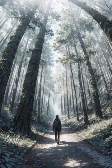 A man is walking down a path in the woods A man is walking down a path in the woods
