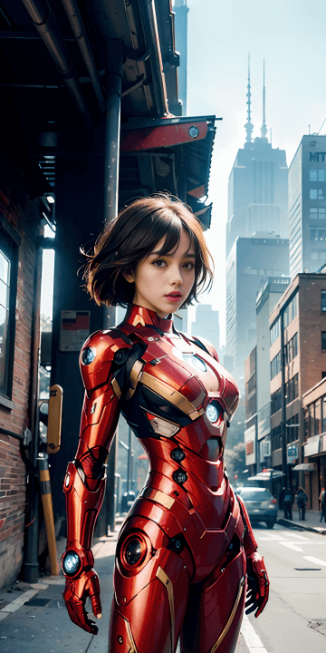 A woman in a red suit standing on a city street A woman in a red suit standing on a city street