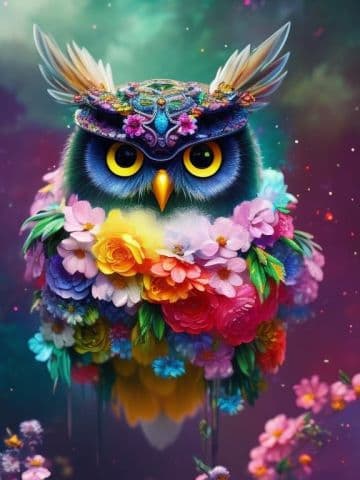A painting of an owl with flowers on its chest A painting of an owl with flowers on its chest