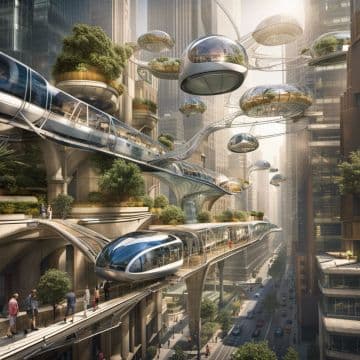 A train traveling through a city surrounded by tall buildings A train traveling through a city surrounded by tall buildings