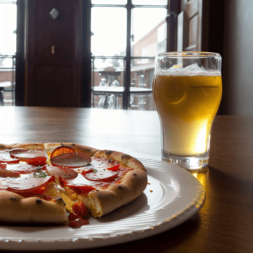A pizza sitting on top of a white plate next to a glass of beer A pizza sitting on top of a white plate next to a glass of beer