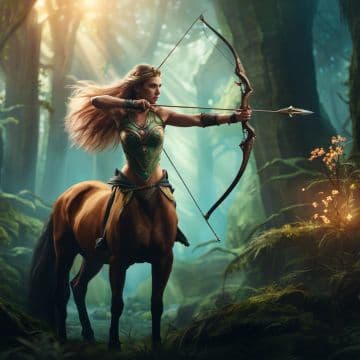 A woman with a bow and arrow on a horse in a forest A woman with a bow and arrow on a horse in a forest