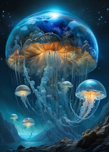 A painting of jellyfish floating in the ocean A painting of jellyfish floating in the ocean