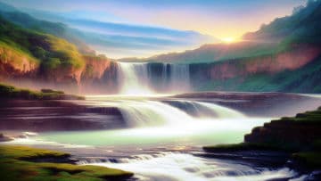 A painting of a waterfall with a sunset in the background A painting of a waterfall with a sunset in the background