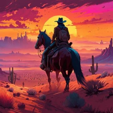 A painting of a cowboy riding a horse in the desert A painting of a cowboy riding a horse in the desert