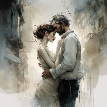 A painting of a man and a woman embracing A painting of a man and a woman embracing