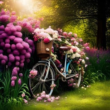 A bicycle is parked next to a flower garden A bicycle is parked next to a flower garden