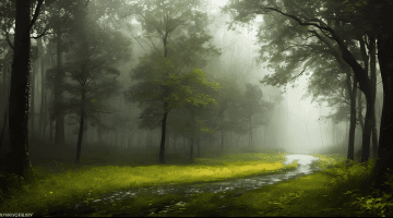 A painting of a path through a forest A painting of a path through a forest